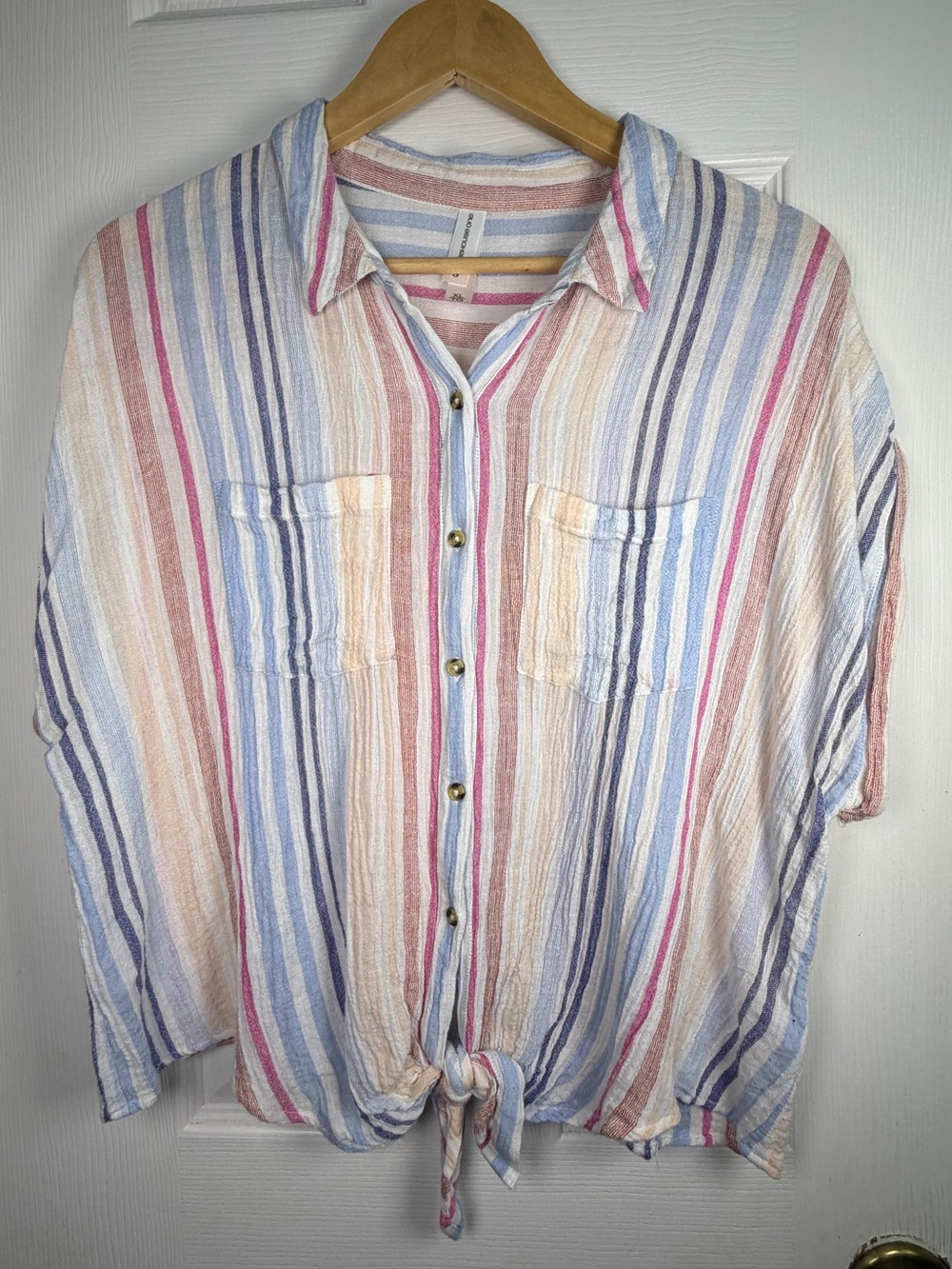 Warehouse One Pastel Stripe Button-Down Shirt XL Tie-Hem Coastal Chic Y2K